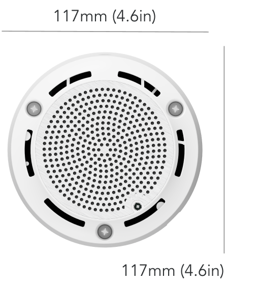 Top view of the Rhombus E50 environmental sensor for comprehensive indoor air quality monitoring. Features multiple sensors for detecting particulate matter (PM1.0/2.5/4.0/10), temperature, humidity, VOC index, carbon monoxide, carbon dioxide, NOx index, formaldehyde, pressure, glass break, and loud noise. Compact design with low power consumption for continuous environmental monitoring of various air quality factors and ambient conditions.
