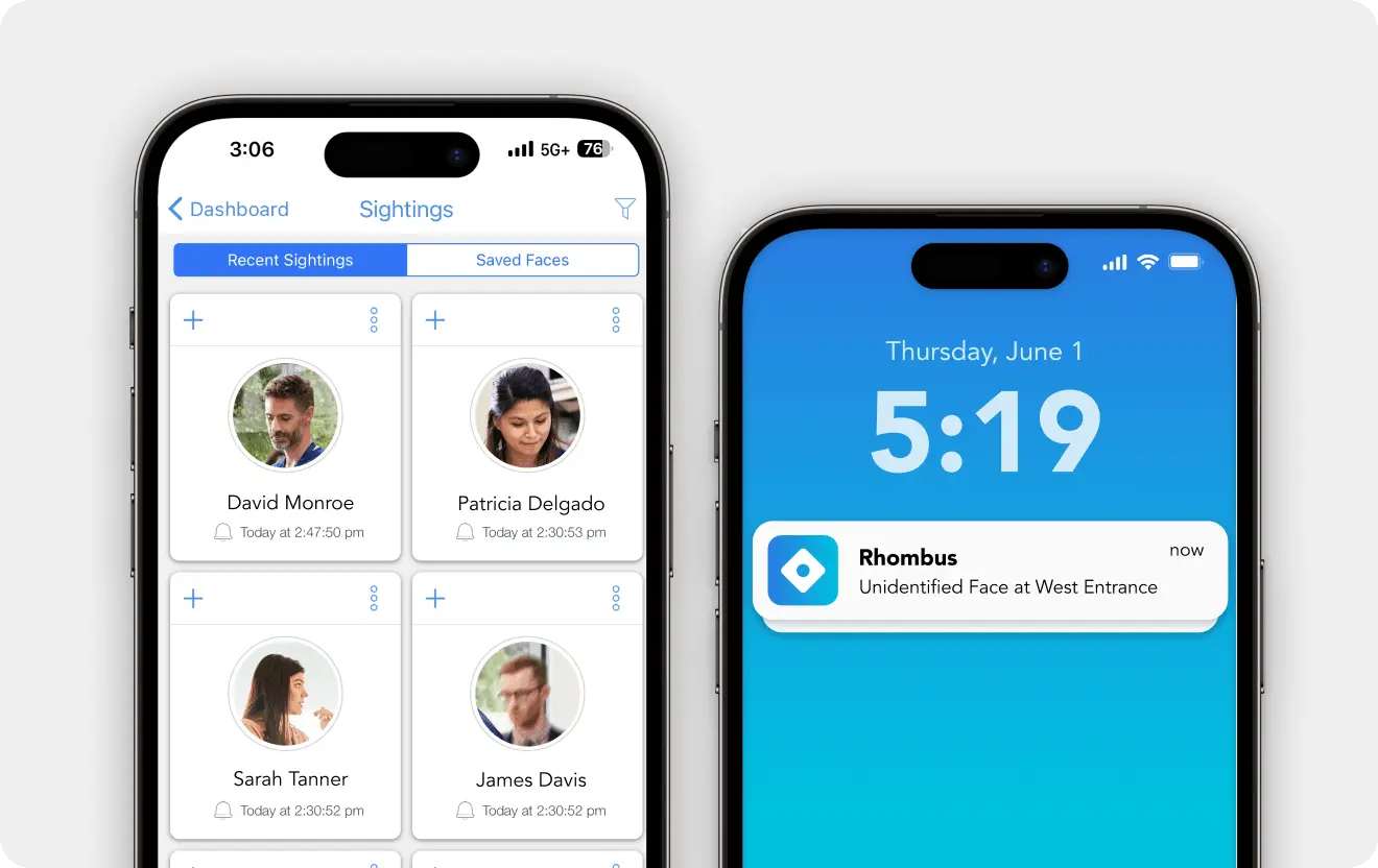 two smart phones showing recent sightings and alerts from the Rhombus app