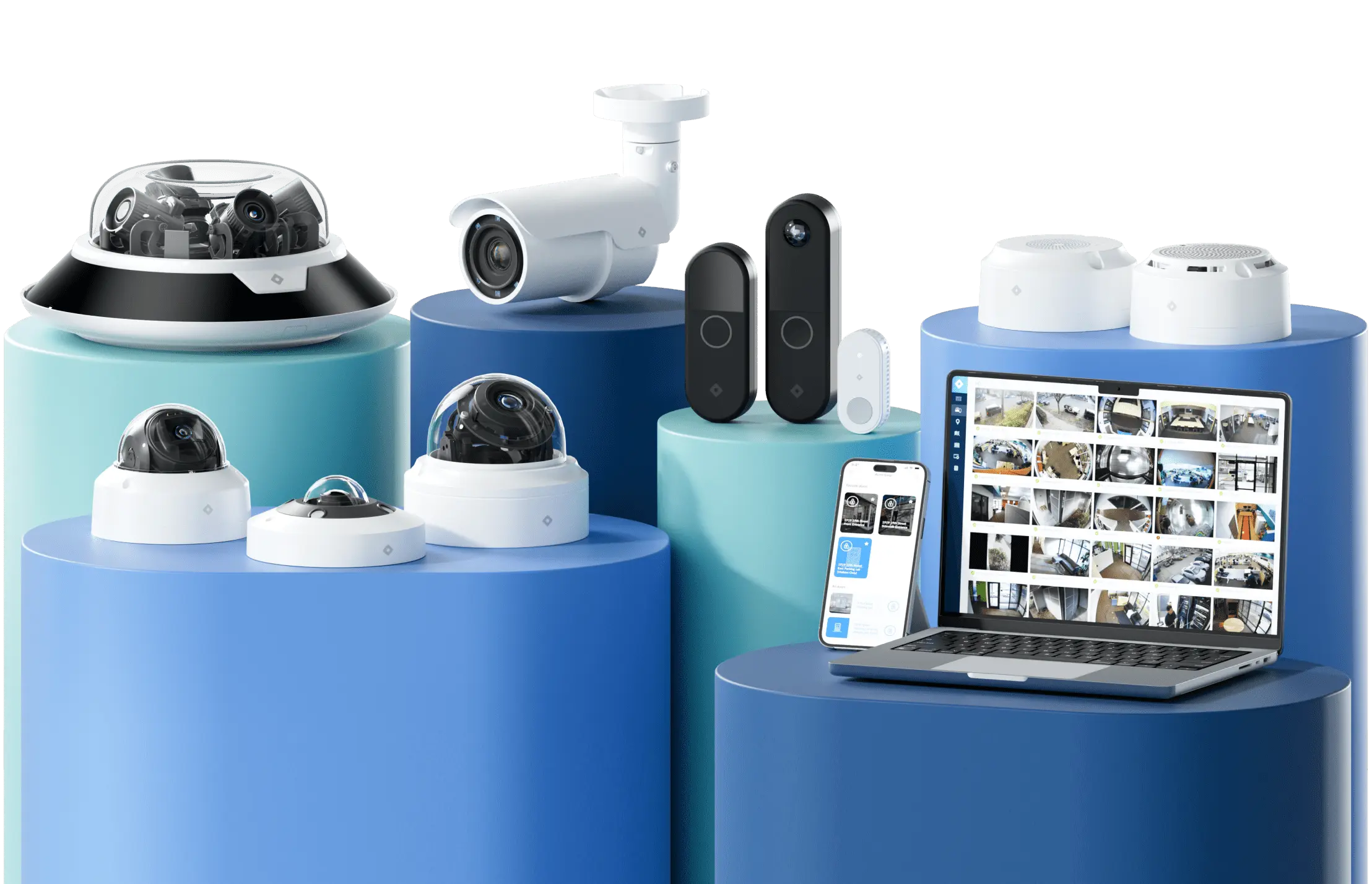 Poduim with two Rhombus cameras and a computer and phone showing the console