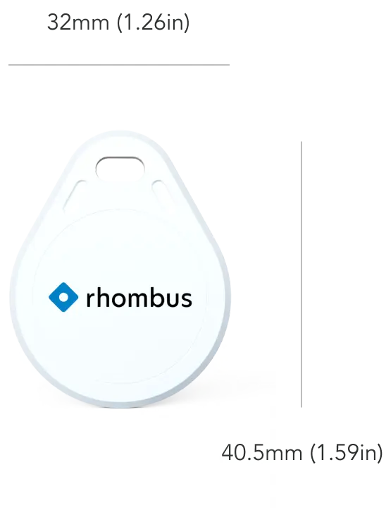A white key fob featuring the word "rhombus" in bold text, set against a plain background.