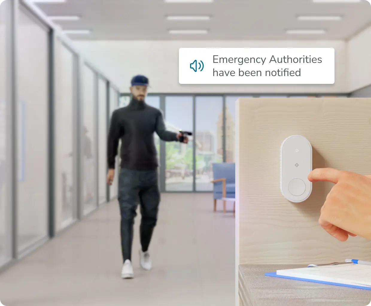 Person pressing Rhombus IoT Sensor B10 emergency button, which sends electrical signals, during active shooter threat, utilizing IoT devices for real-time alerts and security response.