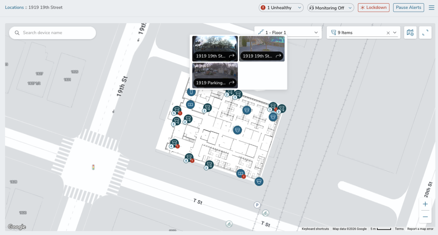 Screenshot of the Rhombus Console showing map view