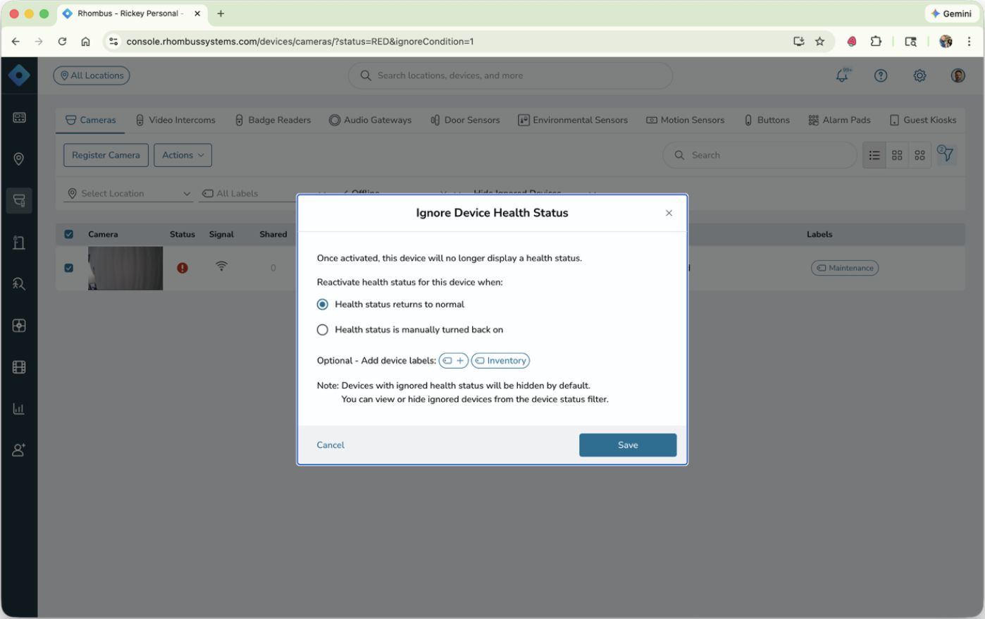 Screenshot of the Rhombus Console showing device management