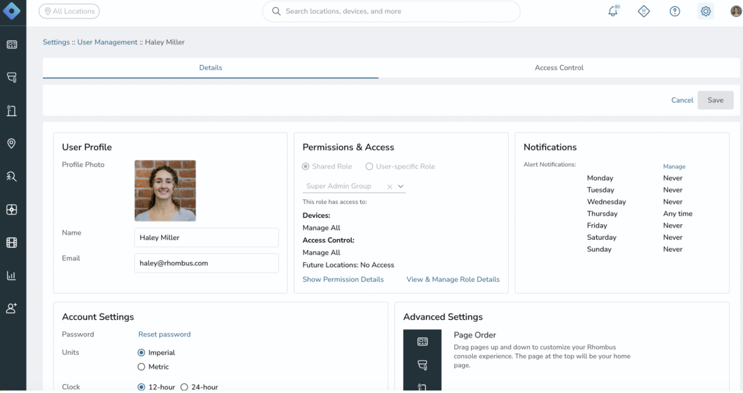 Screenshot of the Rhombus Console showing user/role management