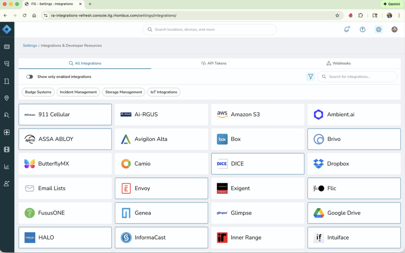 Screenshot of the Rhombus Console showing integrations