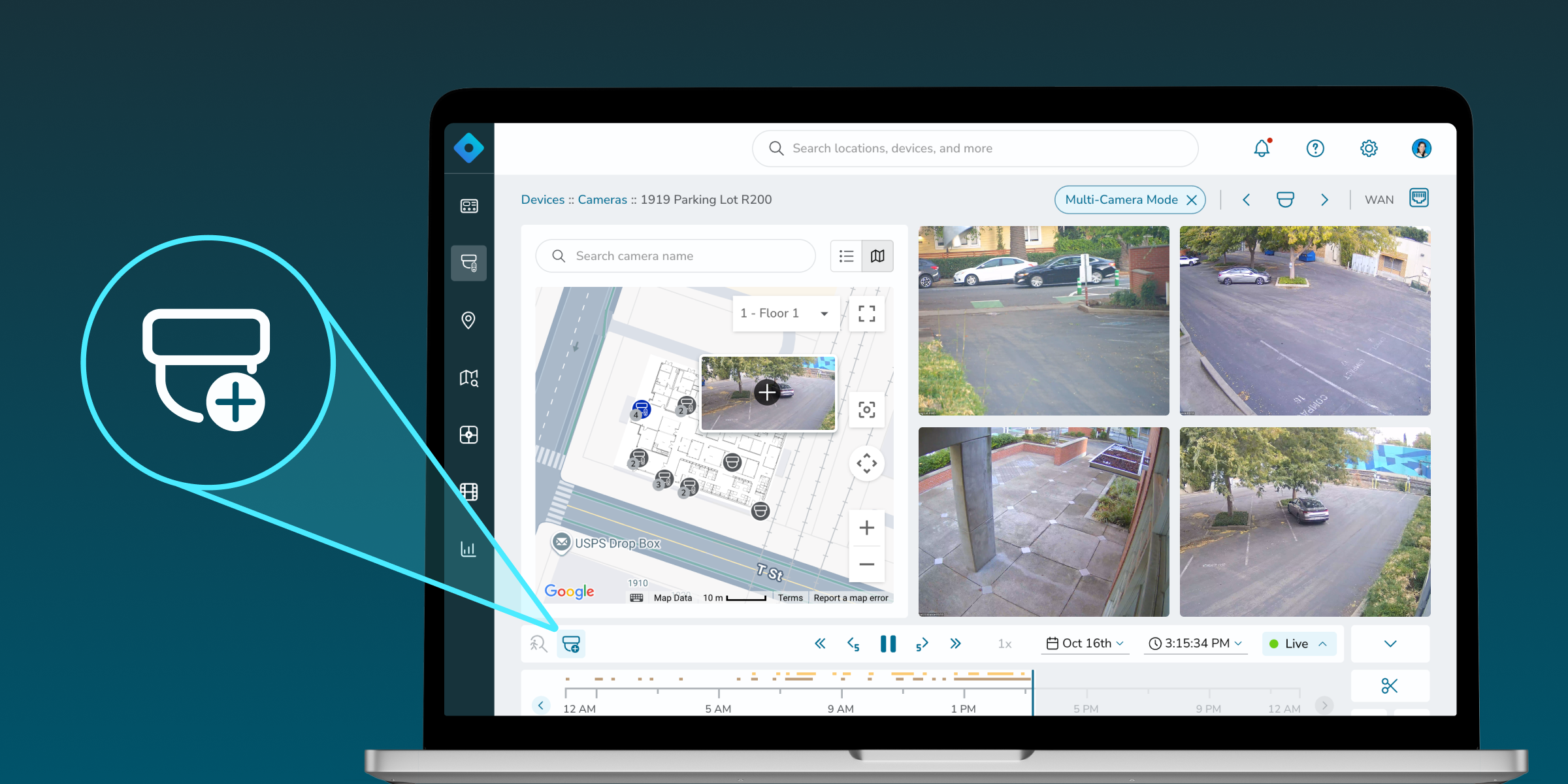 Image of Rhombus Console and Multi-Camera Tracing View.