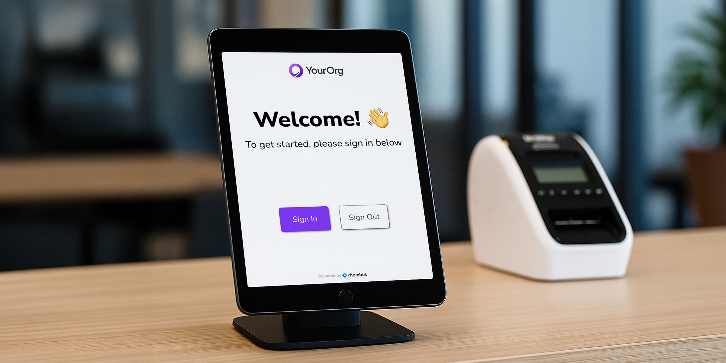 Image of Rhombus Guest Management iPad and Brother Printer.