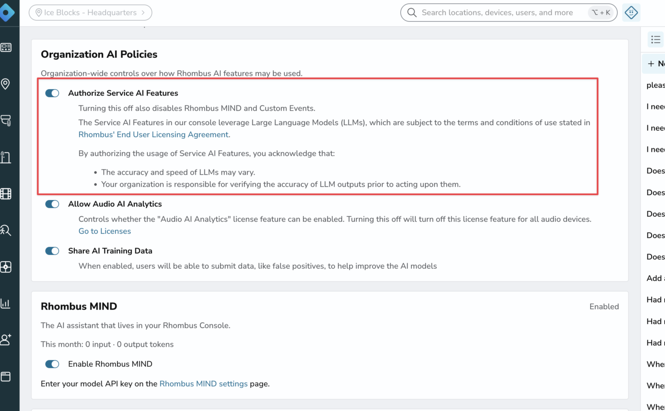 How Admins can toggle on Rhombus MIND advanced AI features