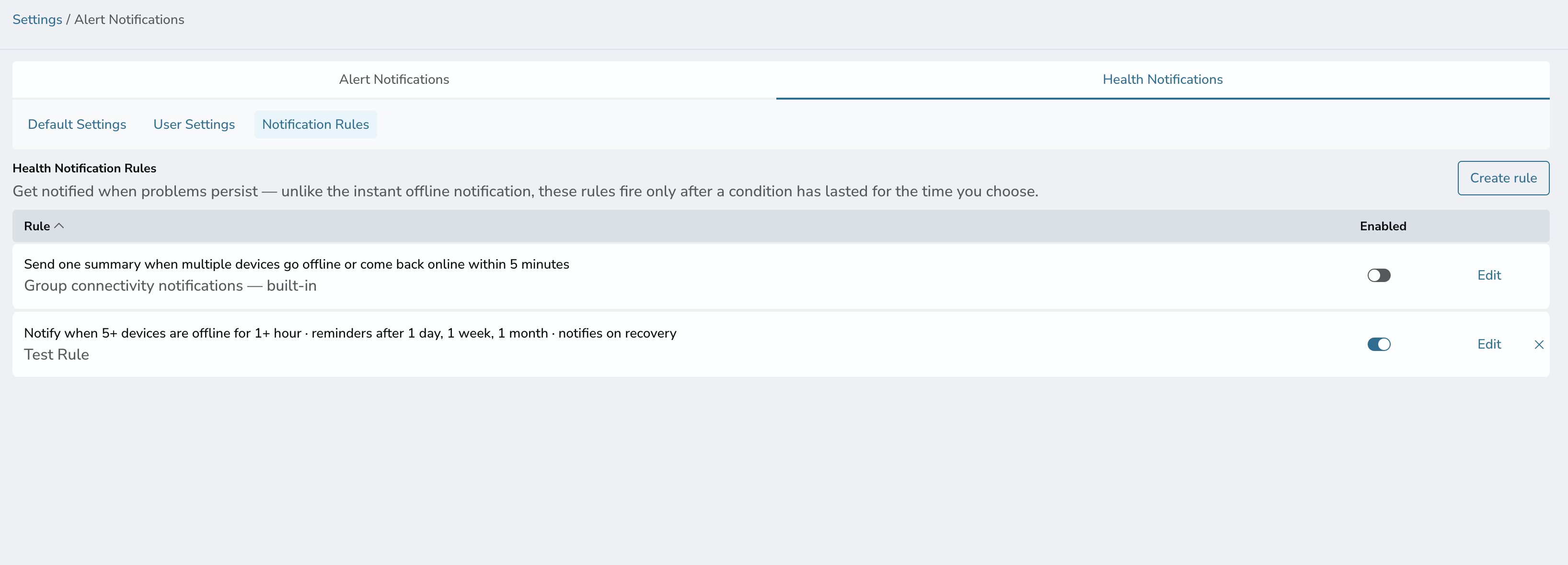 Health Notifications - Console view