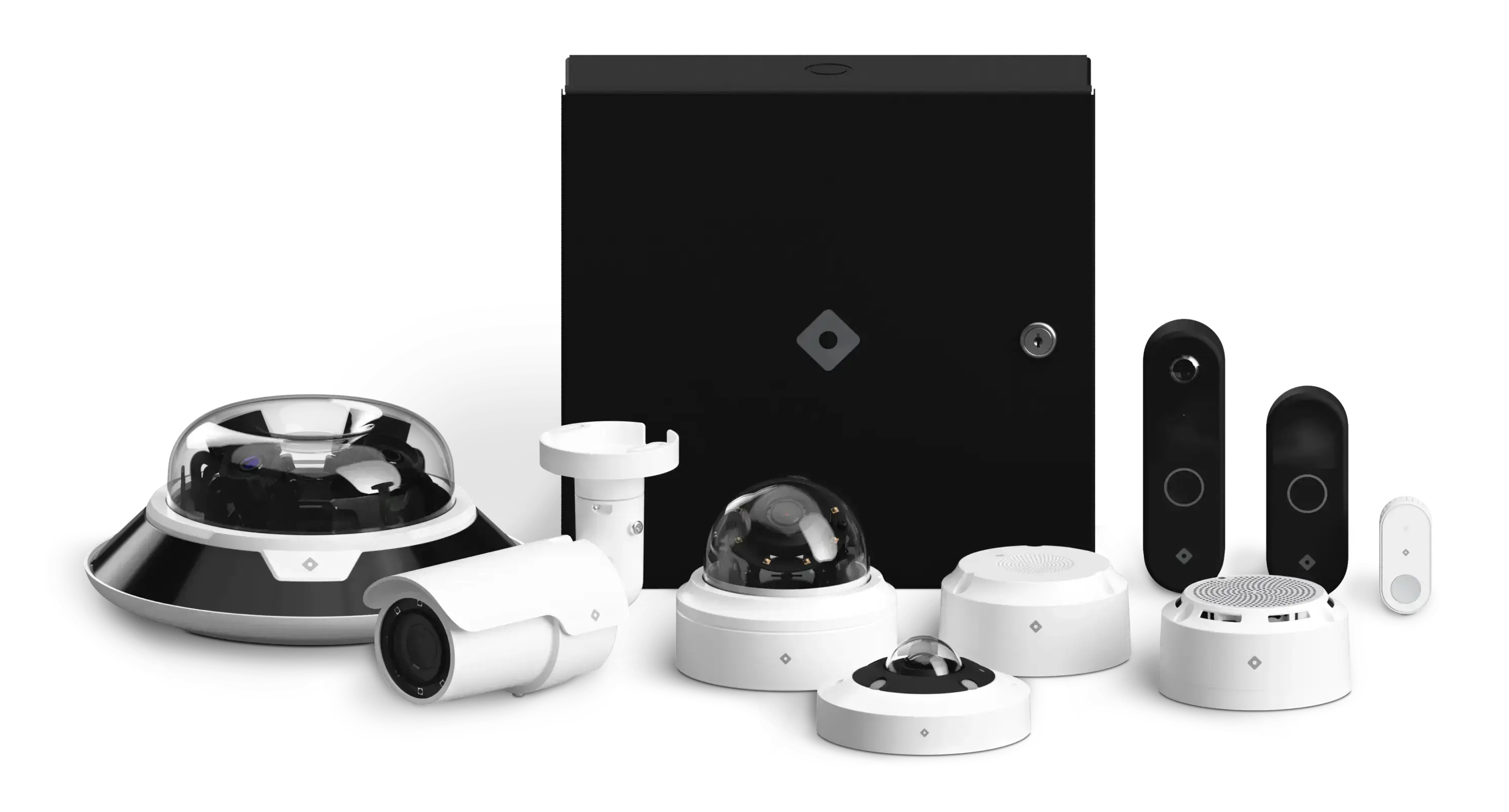 Full suite of Rhombus physical security products—cameras, alarms, and IoT sensors—on display