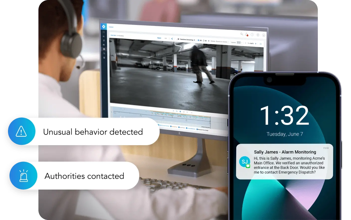 A security personnel monitors unknown activity on a computer, receiving real-time alerts on their phone through Rhombus Alarm Monitoring system