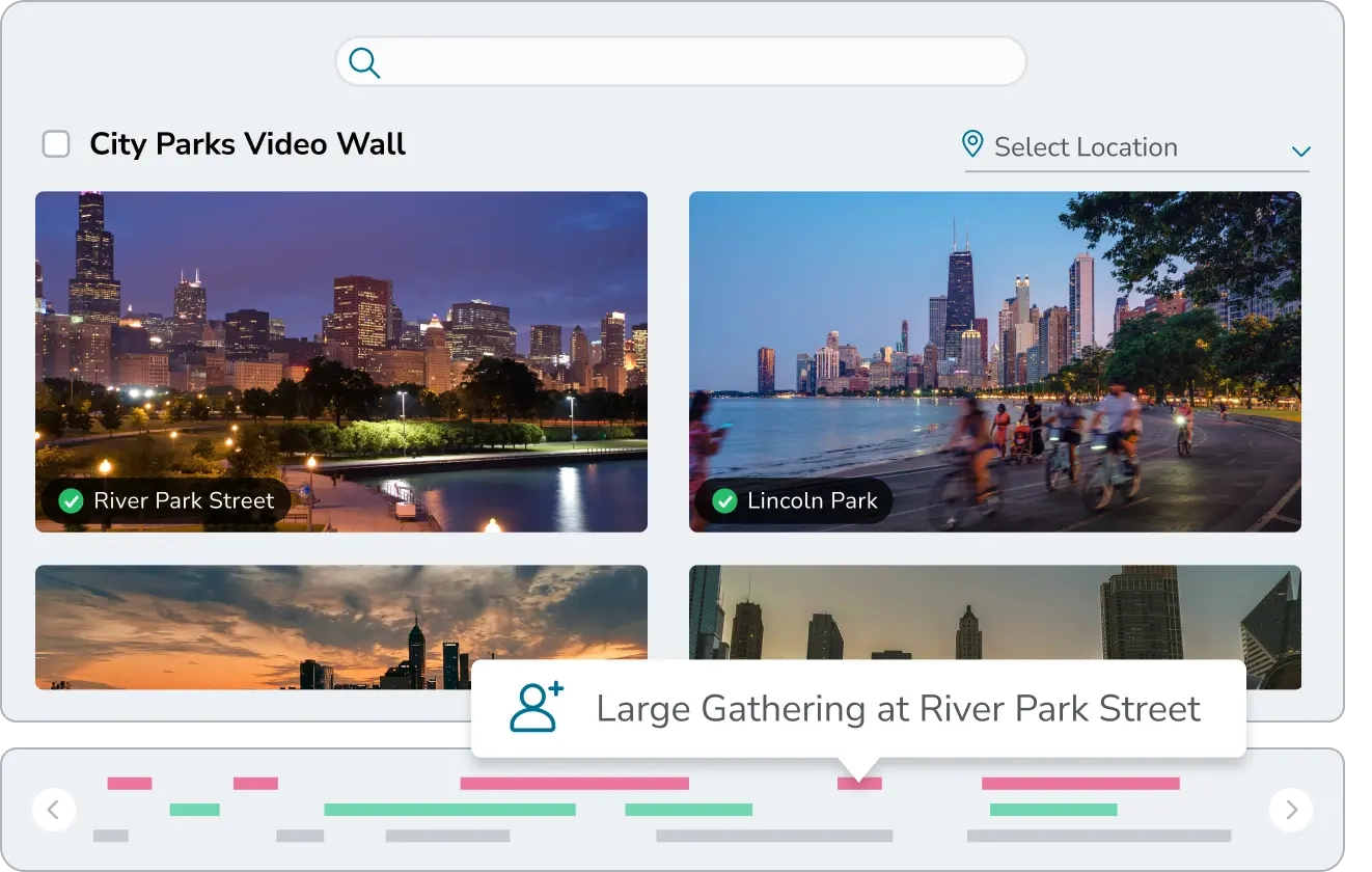 City Parks video wall showing an alert for unusual behavior detected at River Park