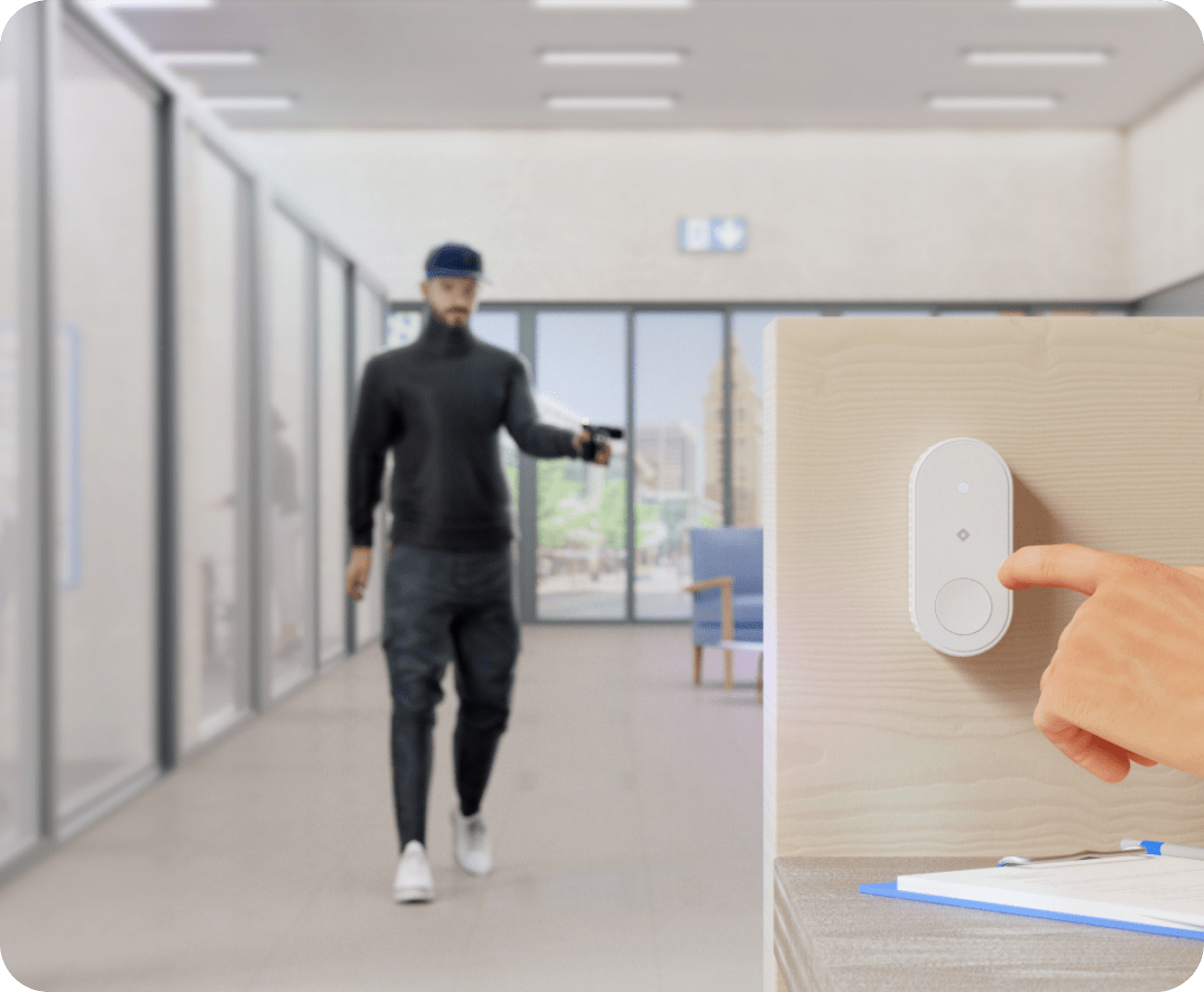 Person pressing Rhombus IoT Sensor B10 emergency button, which sends electrical signals, during active shooter threat, utilizing IoT devices for real-time alerts and security response.