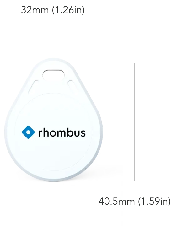 A white key fob featuring the word "rhombus" in bold text, set against a plain background.