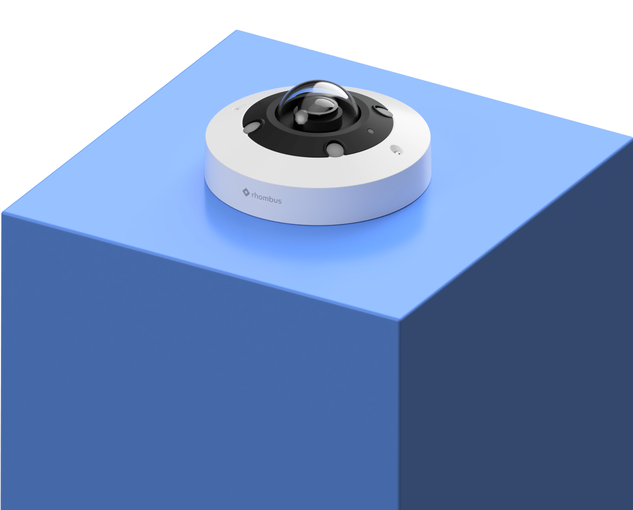 Rhombus R360 fisheye surveillance camera displayed on a podium, showcasing the advanced features of fisheye cameras for security