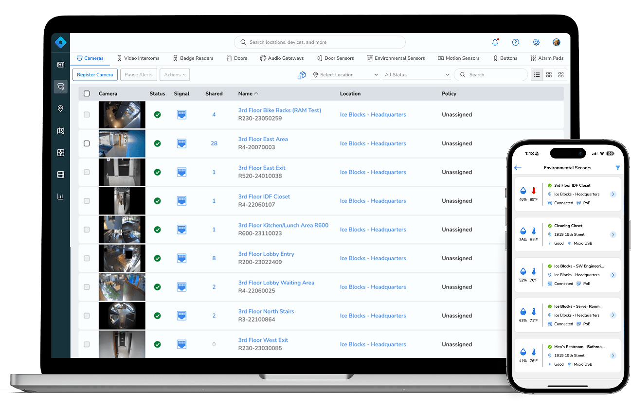 An integrated platform for cameras, access control, and sensors - with remote access via desktop or mobile app - to gain comprehensive visibility into your locations, and simplify user management.