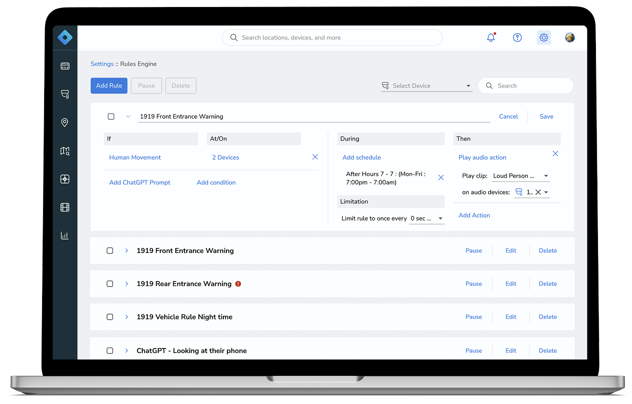 Proactive audio and visual deterrence with automated workflows based on AI threat detection. Configure real-time alerts - via mobile app, text or email - for users and schedules.