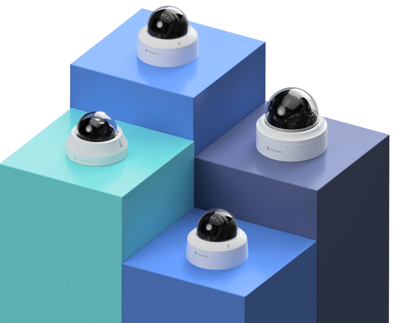 Four high-performance dome surveillance cameras displayed on a podium, highlighting the advanced technology and design of Rhombus dome cameras for enhanced security solutions.