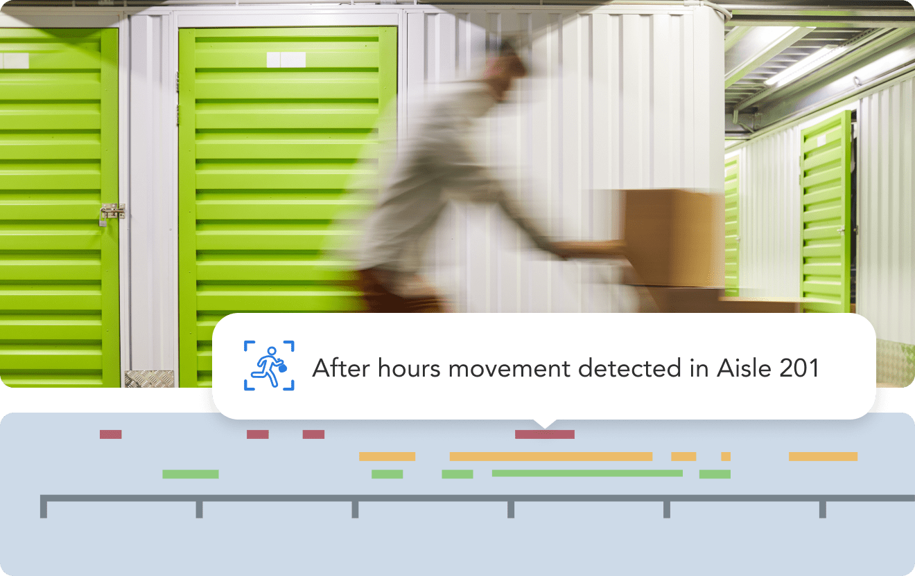 Rhombus alarm system provides business security solutions, detecting movement when a man approaches the self-storage space
