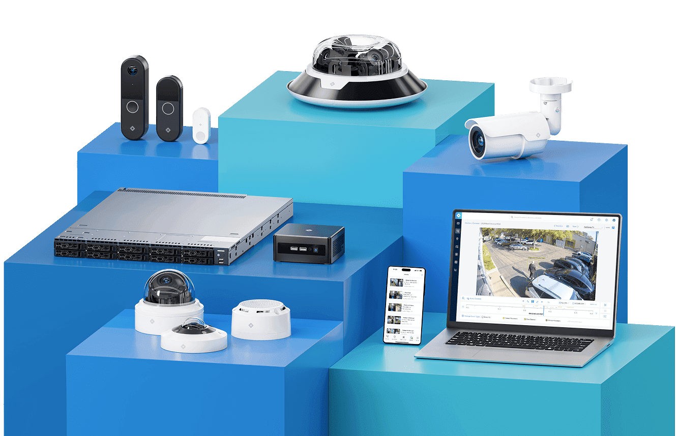 Display of all Rhombus products, including cameras, iot sensors, and access control, showcasing comprehensive security solutions.