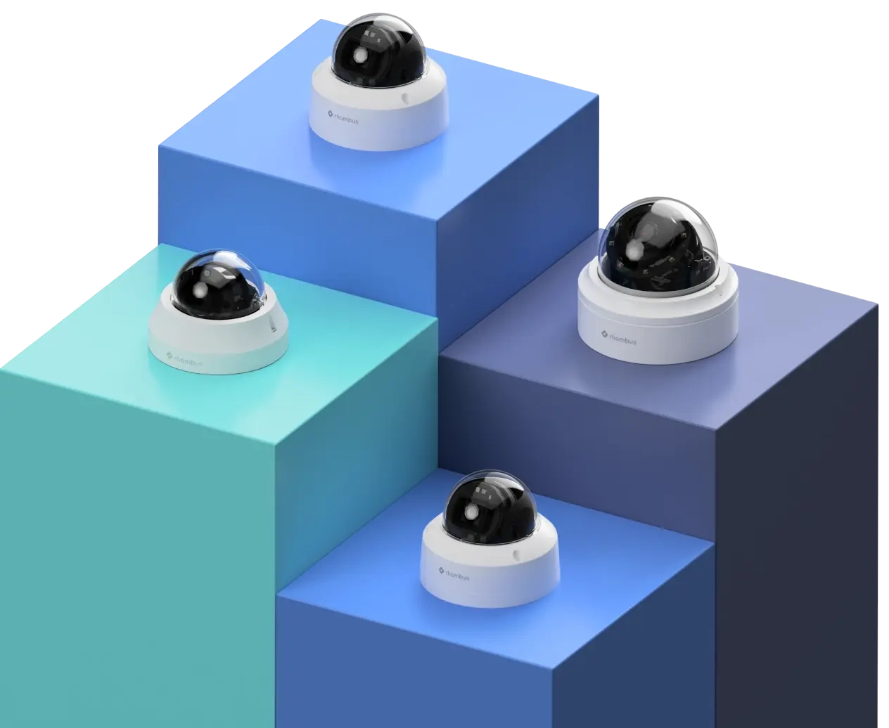 Four high-performance dome surveillance cameras displayed on a podium, highlighting the advanced technology and design of Rhombus dome cameras for enhanced security solutions.