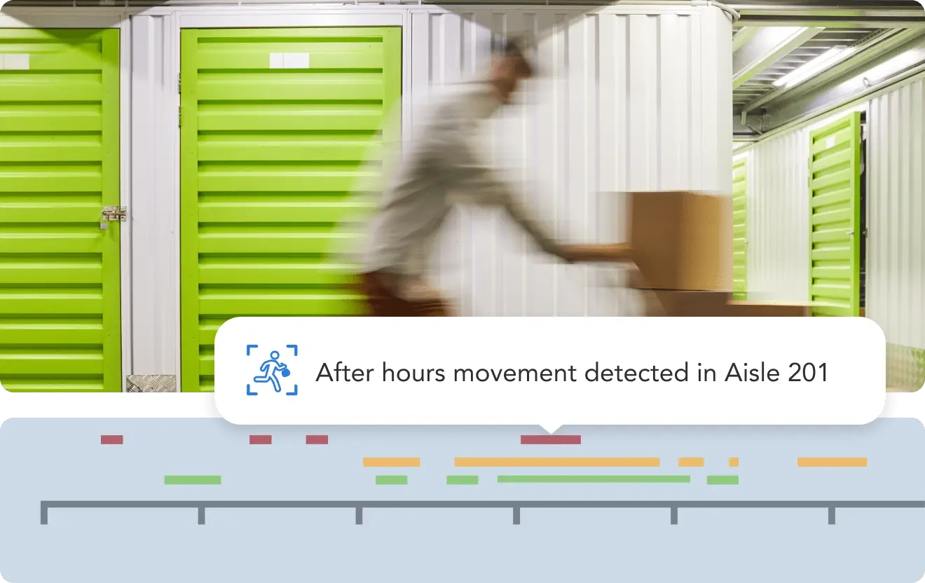 Rhombus alarm system provides business security solutions, detecting movement when a man approaches the self-storage space