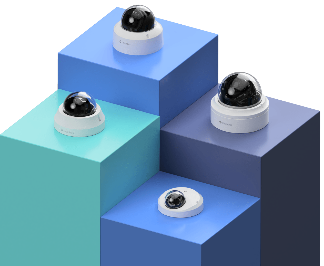 Four high-performance dome surveillance cameras displayed on a podium, highlighting the advanced technology and design of Rhombus dome cameras for enhanced security solutions.