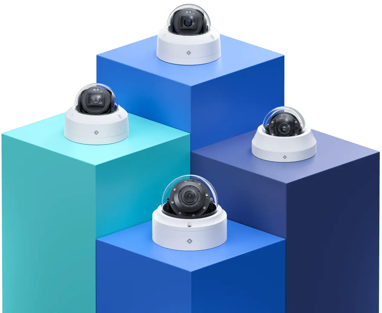 Four high-performance dome surveillance cameras displayed on a podium, highlighting the advanced technology and design of Rhombus dome cameras for enhanced security solutions.