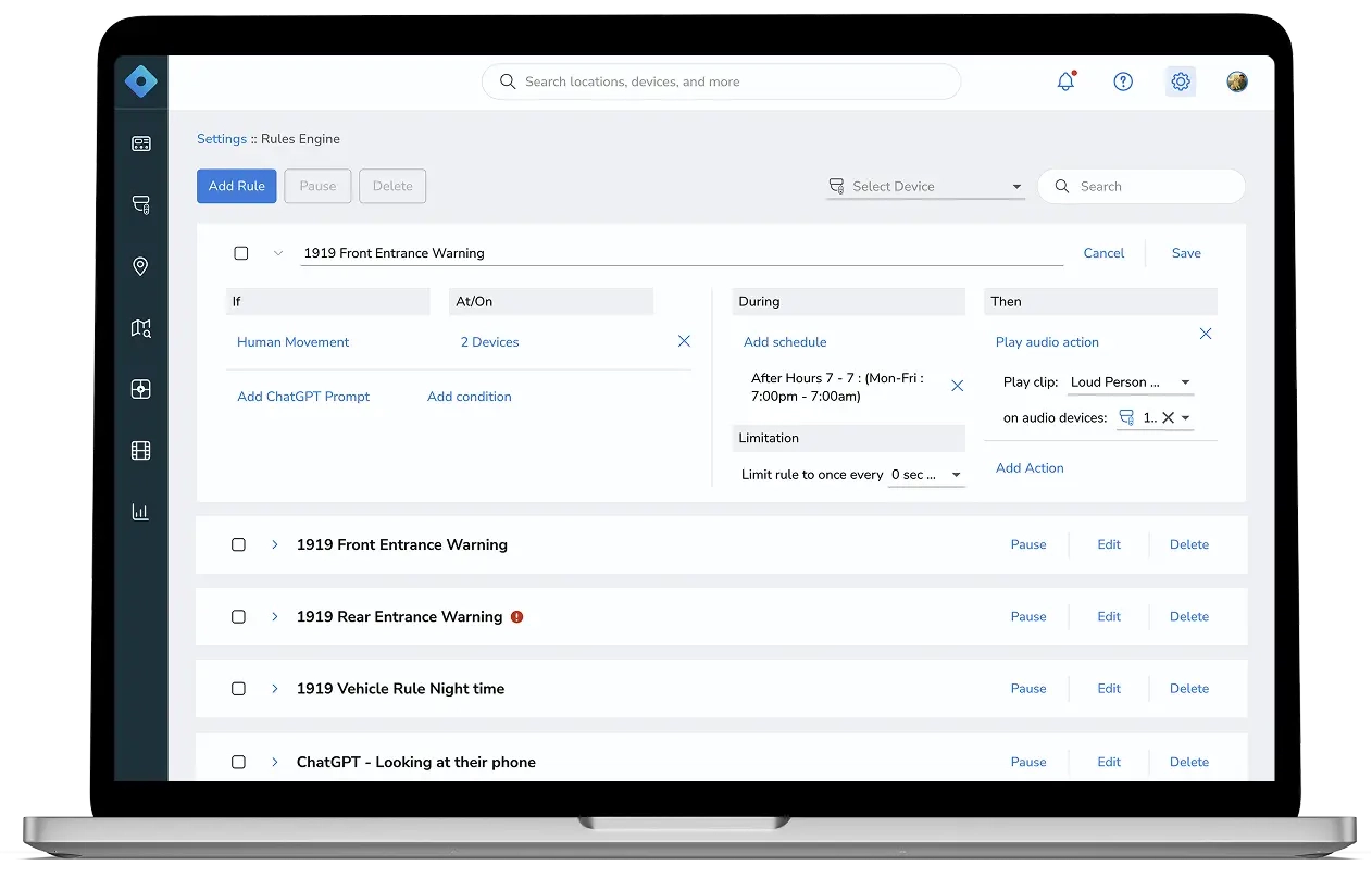 Proactive audio and visual deterrence with automated workflows based on AI threat detection. Configure real-time alerts - via mobile app, text or email - for users and schedules.